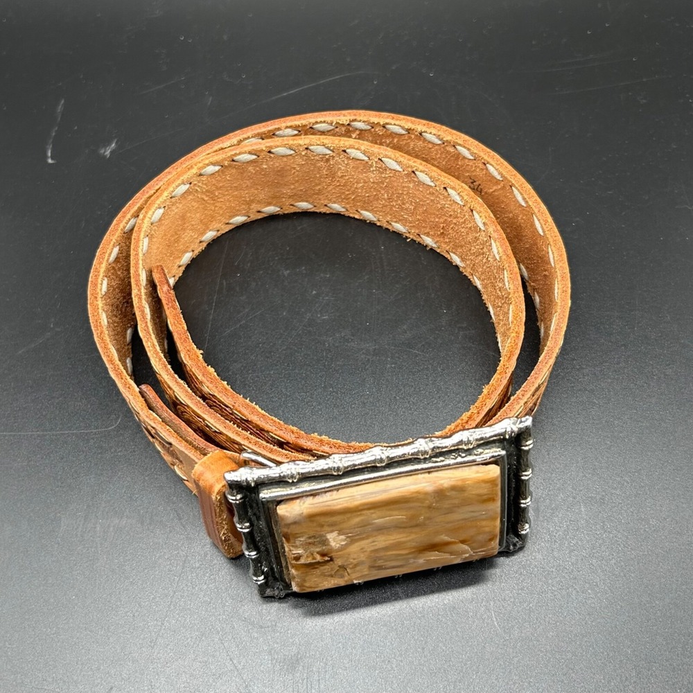 VTG Burton Mens Belt 34 Tooled Brown Leather Cowboy Western Square Stone Buckle - Picture 3 of 8
